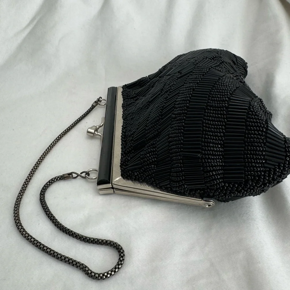 Vintage Fancy Mini Purse Beaded Clutch Black Silver 60's 70's